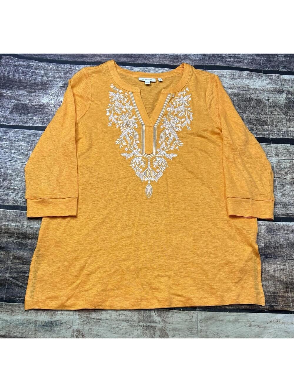 Chicos Linen Top Womens Size 1 M Linen Embroidered Sequin
